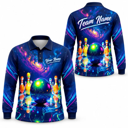 Neon Bowling Ball Galaxy Custom Bowling Polo Shirt Long Sleeve Polo