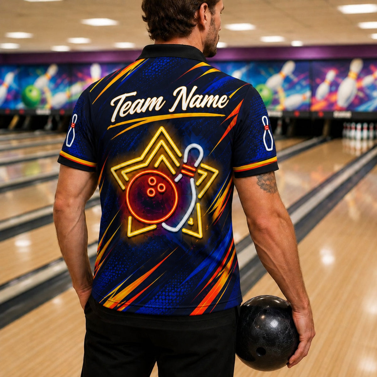 Neon Bowling Ball Pin Graphic Personalized Bowling Polo Shirt Back View