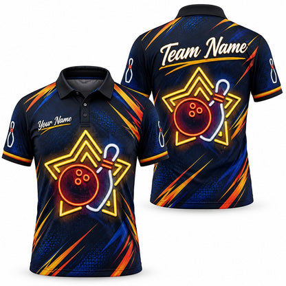 Neon Bowling Ball Pin Graphic Personalized Bowling Polo Shirt