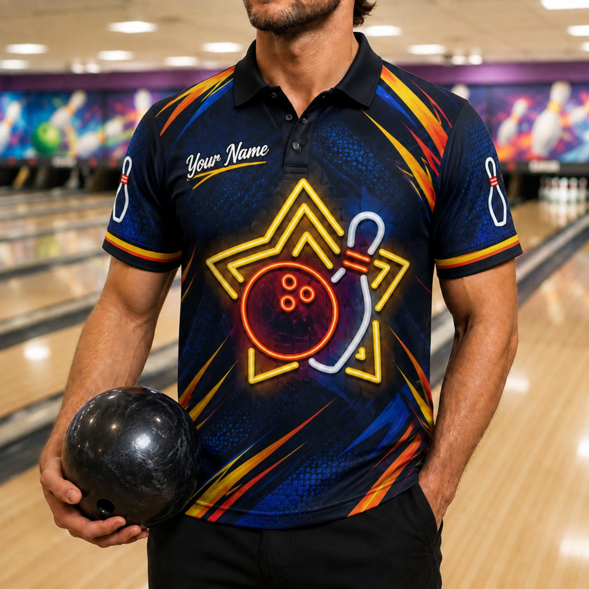Neon Bowling Ball Pin Graphic Personalized Bowling Polo Shirt Front View