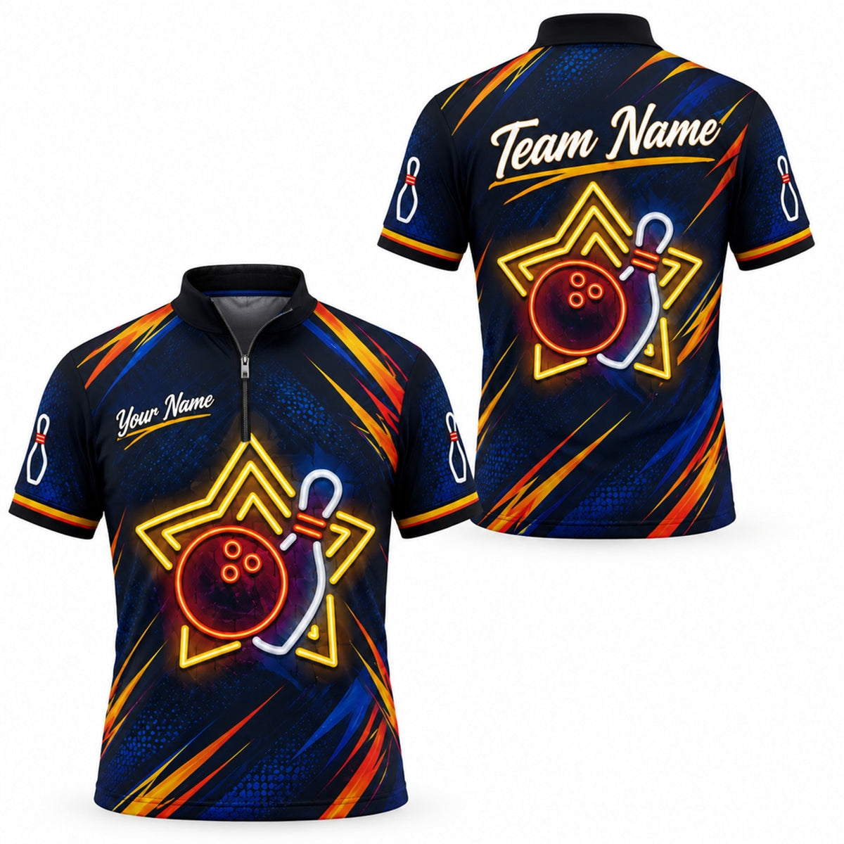 Neon Bowling Ball Pin Graphic Personalized Bowling Polo Shirt Jersey Zip 1 4 Collar