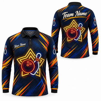 Neon Bowling Ball Pin Graphic Personalized Bowling Polo Shirt Long Sleeve Polo