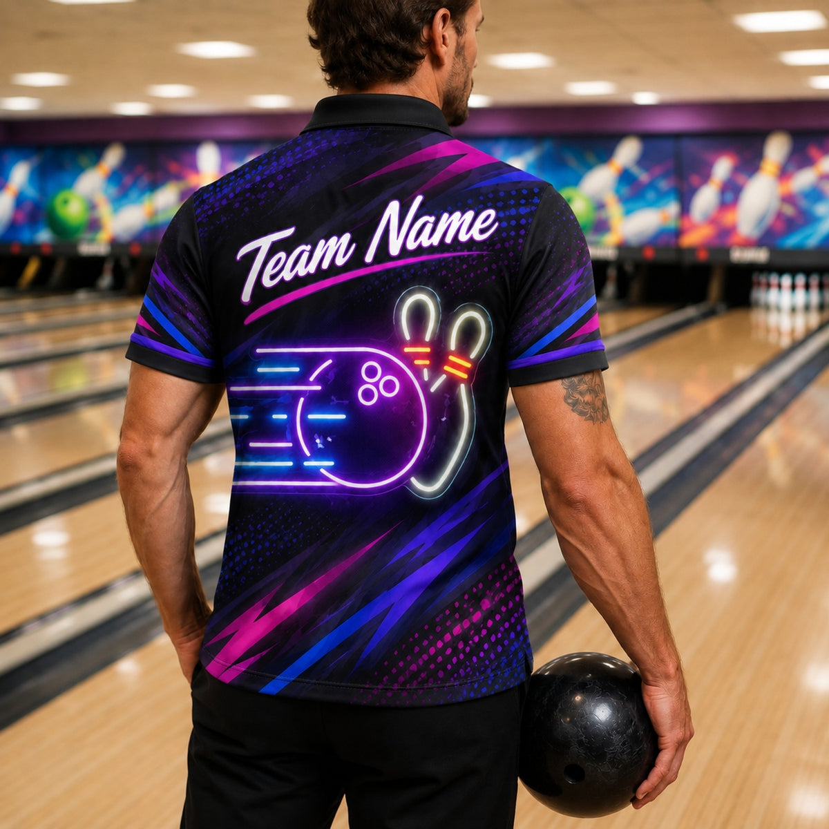 Neon Bowling Ball Strike Sport Custom Bowling Polo Shirt Back View