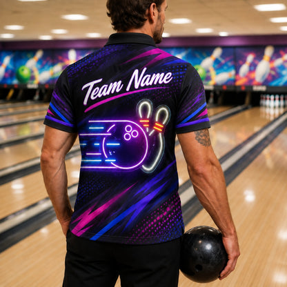 Neon Bowling Ball Strike Sport Custom Bowling Polo Shirt Back View