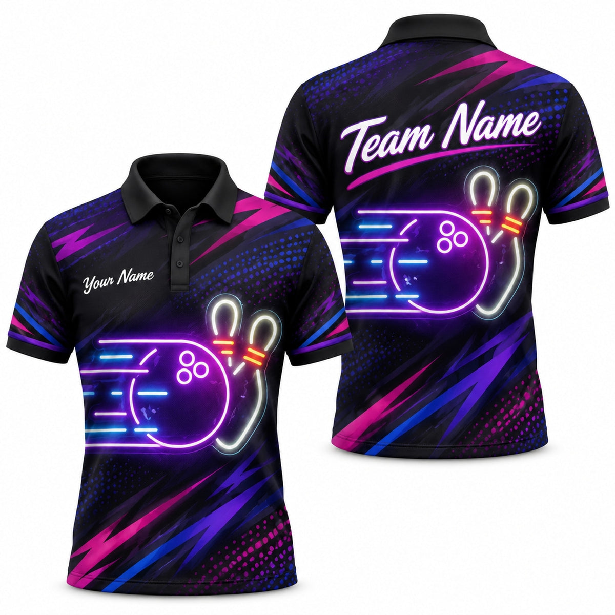 Neon Bowling Ball Strike Sport Custom Bowling Polo Shirt