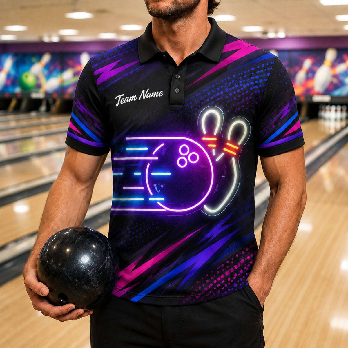 Neon Bowling Ball Strike Sport Custom Bowling Polo Shirt Front View