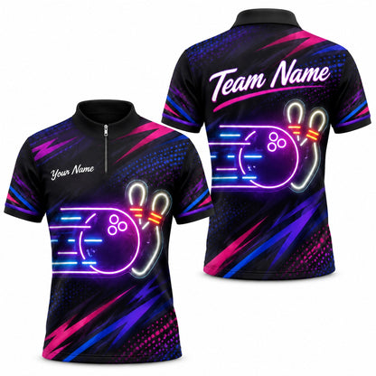 Neon Bowling Ball Strike Sport Custom Bowling Polo Shirt Jersey Zip 1 4 Collar
