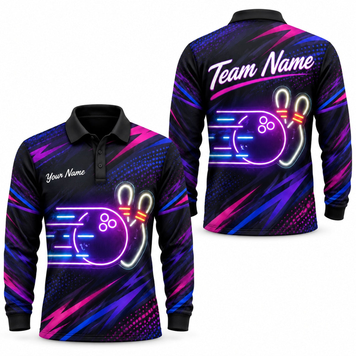 Neon Bowling Ball Strike Sport Custom Bowling Polo Shirt Long Sleeve Polo