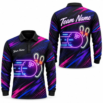 Neon Bowling Ball Strike Sport Custom Bowling Polo Shirt Long Sleeve Polo