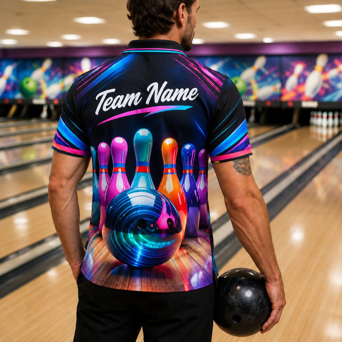 Neon Bowling Ball Strike Sport Personalized Bowling Polo Shirt Back View
