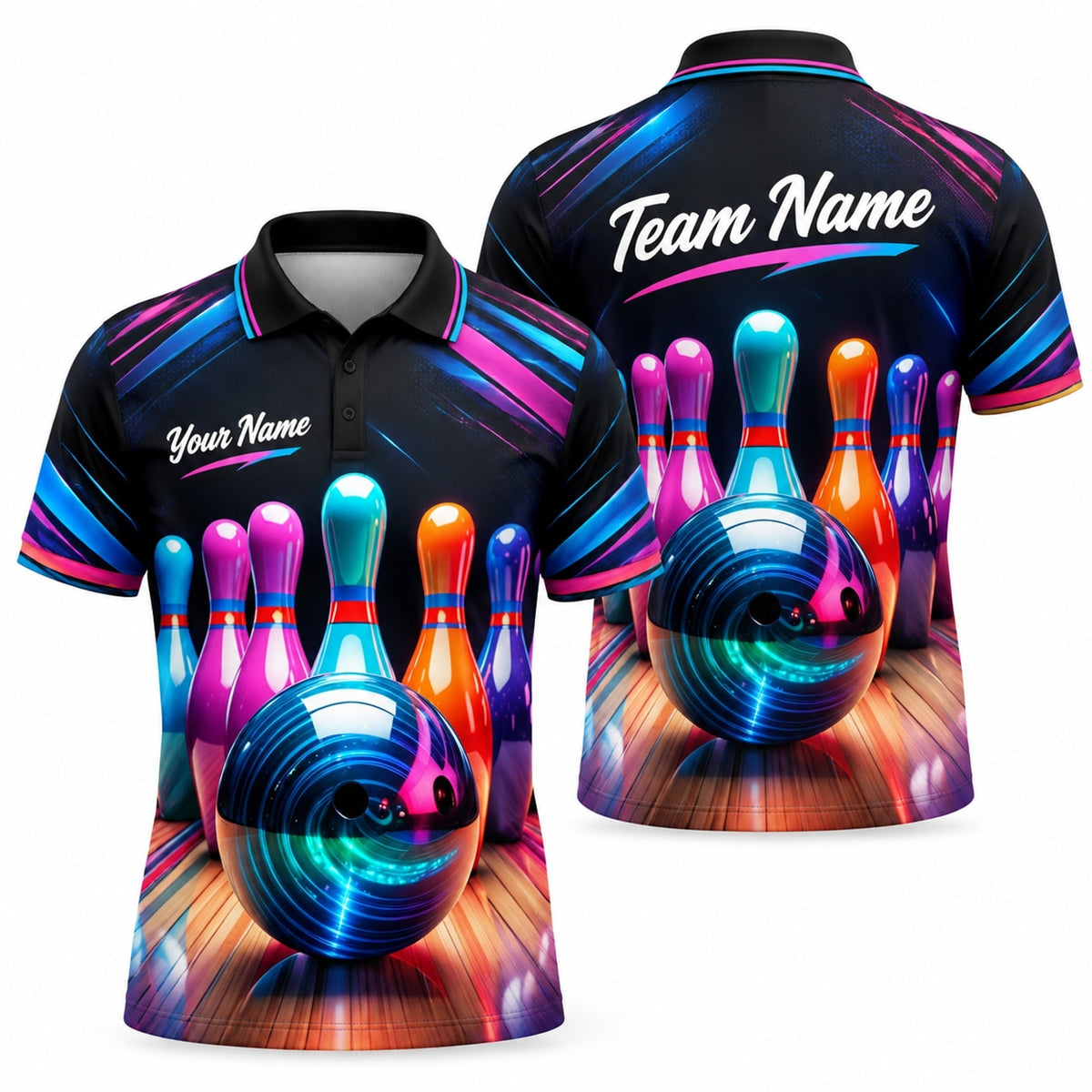 Neon Bowling Ball Strike Sport Personalized Bowling Polo Shirt