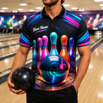 Neon Bowling Ball Strike Sport Personalized Bowling Polo Shirt Front View