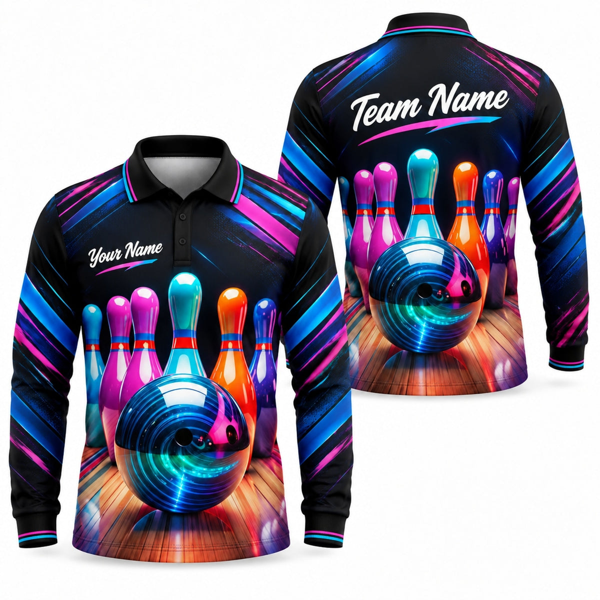 Neon Bowling Ball Strike Sport Personalized Bowling Polo Shirt Long Sleeve Polo