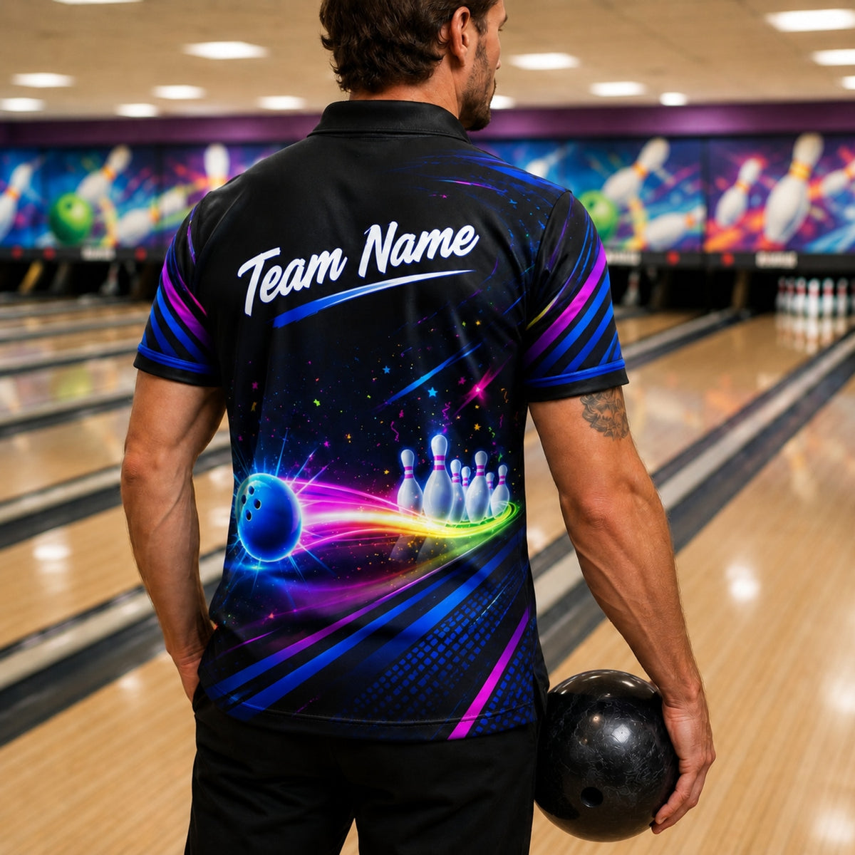 Neon Bowling Ball Trail Graphic Personalized Bowling Polo Shirt Back View