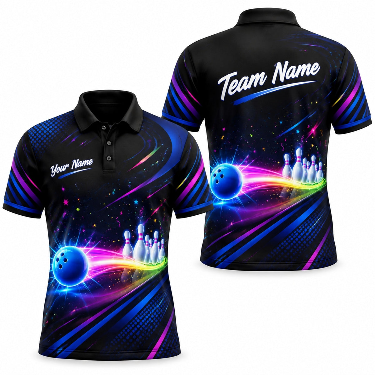 Neon Bowling Ball Trail Graphic Personalized Bowling Polo Shirt