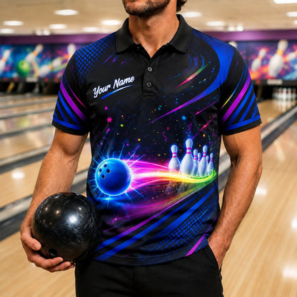 Neon Bowling Ball Trail Graphic Personalized Bowling Polo Shirt Front View