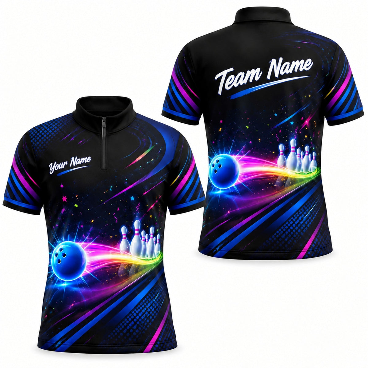 Neon Bowling Ball Trail Graphic Personalized Bowling Polo Shirt Jersey Zip 1 4 Collar