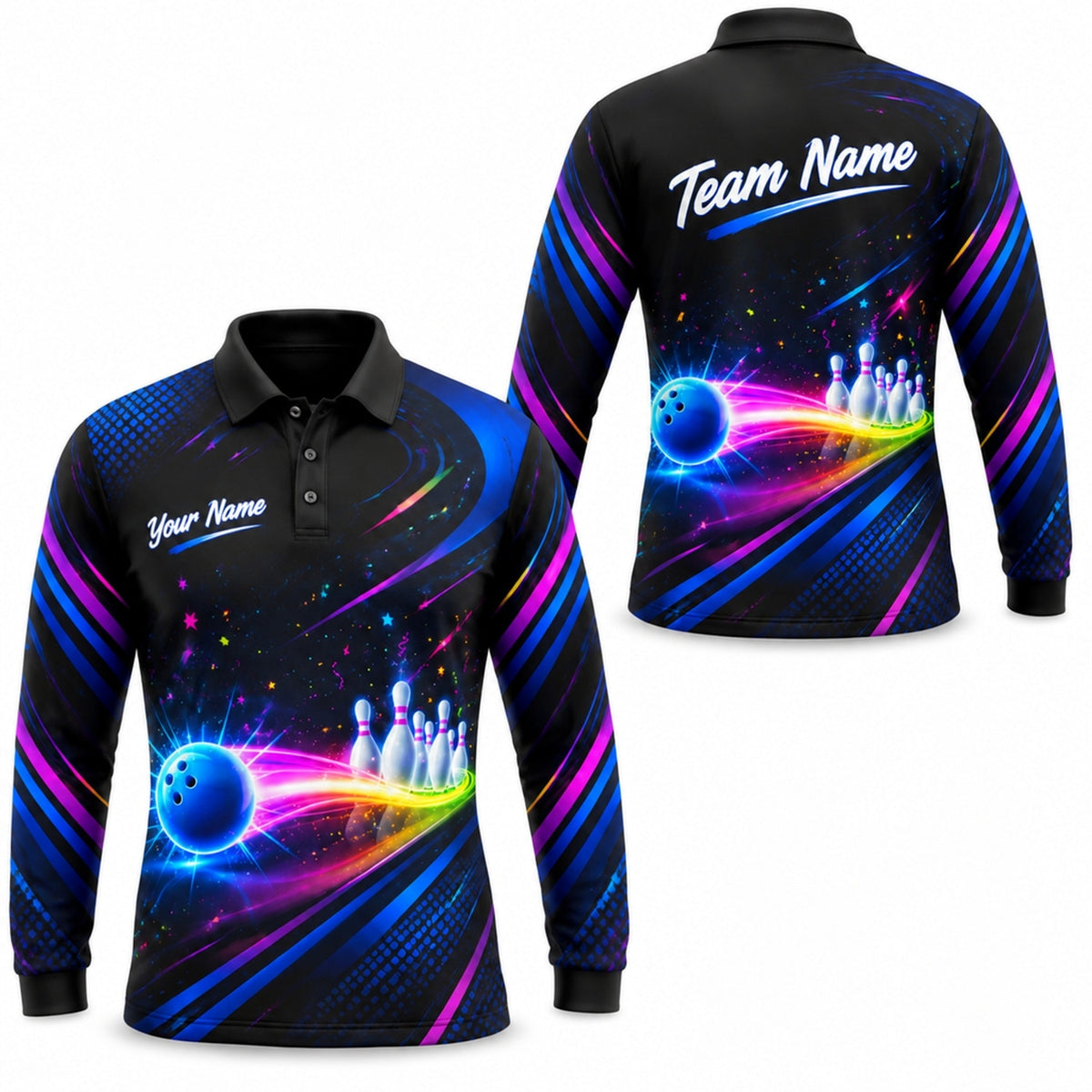 Neon Bowling Ball Trail Graphic Personalized Bowling Polo Shirt Long Sleeve Polo