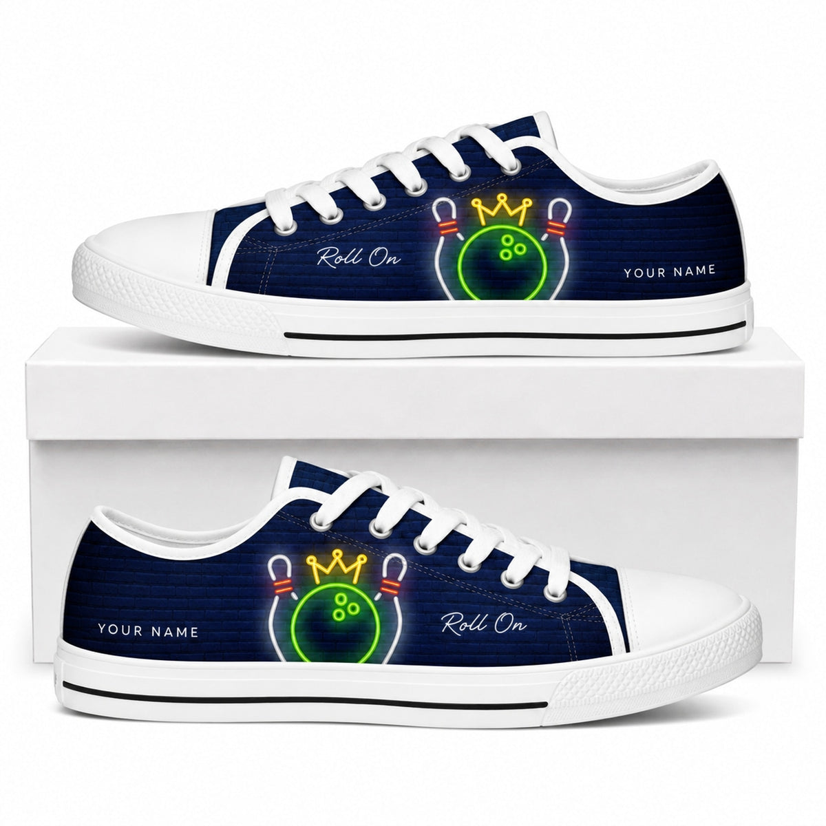 Neon Bowling Kingpin Graphic Custom Low Top Shoes Box White