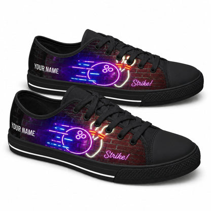 Neon Bowling Strike Graphic Personalized Low Top Shoes Black Shoes