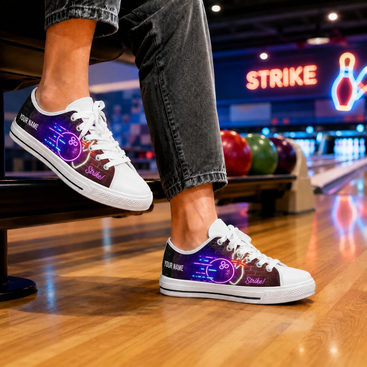 Neon Bowling Strike Graphic Personalized Low Top Shoes Bowling Life Style