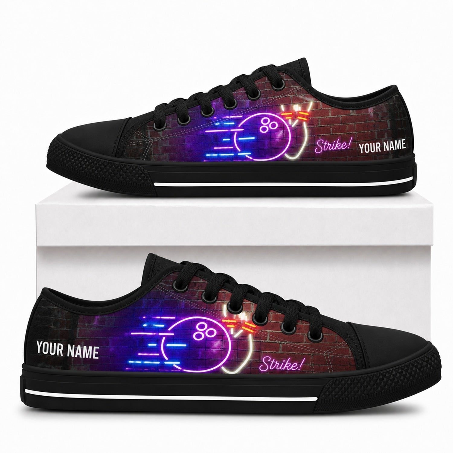 Neon Bowling Strike Graphic Personalized Low Top Shoes Box Black