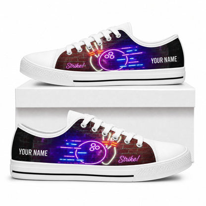 Neon Bowling Strike Graphic Personalized Low Top Shoes Box White