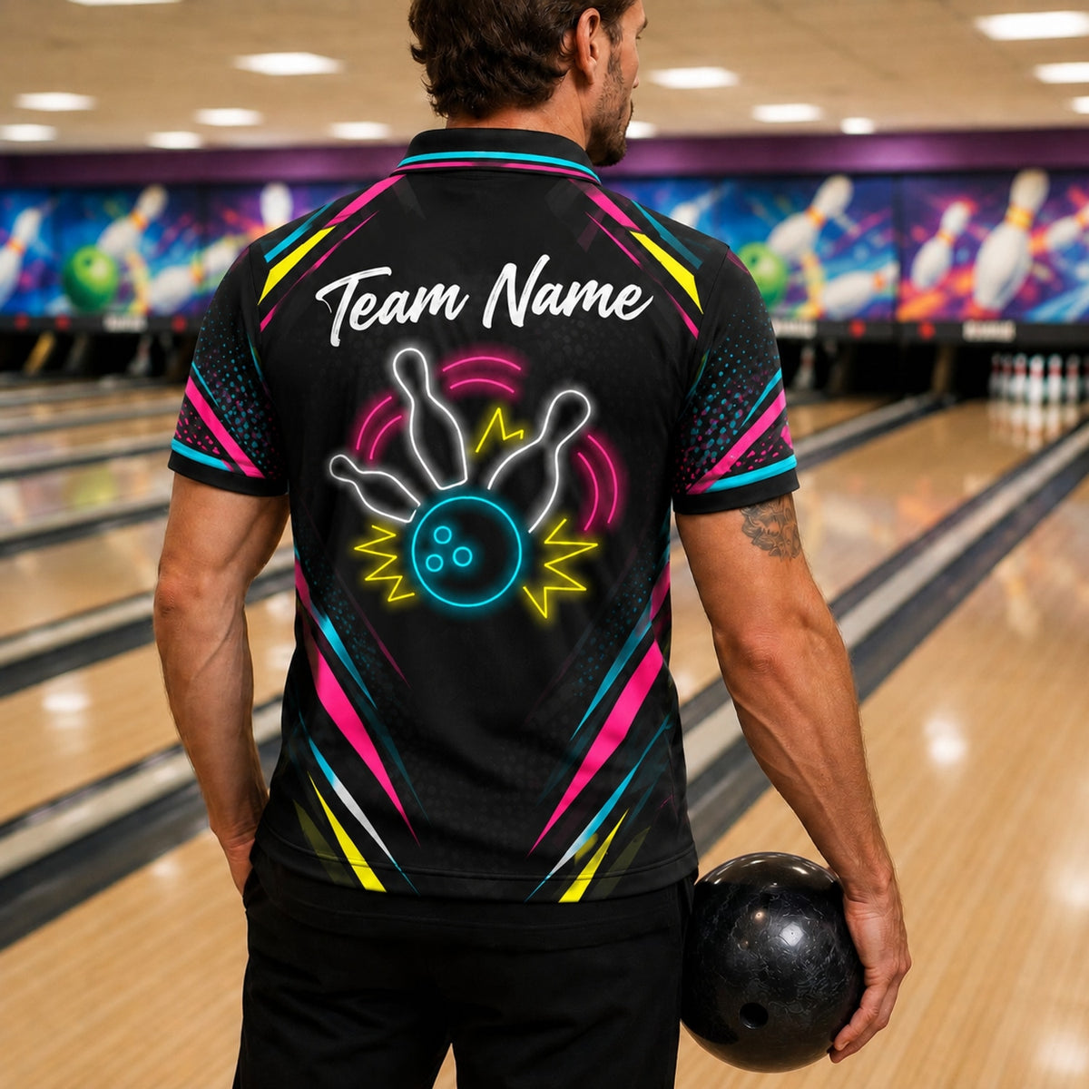 Neon Bowling Strike Sport Personalized Bowling Polo Shirt Back View