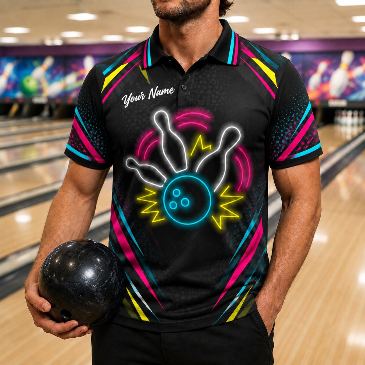 Neon Bowling Strike Sport Personalized Bowling Polo Shirt Front View