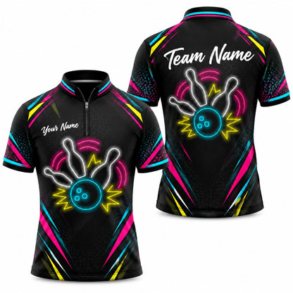 Neon Bowling Strike Sport Personalized Bowling Polo Shirt Jersey Zip 1 4 Collar