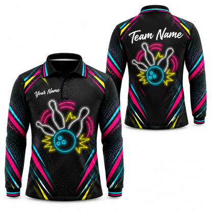 Neon Bowling Strike Sport Personalized Bowling Polo Shirt Long Sleeve Polo