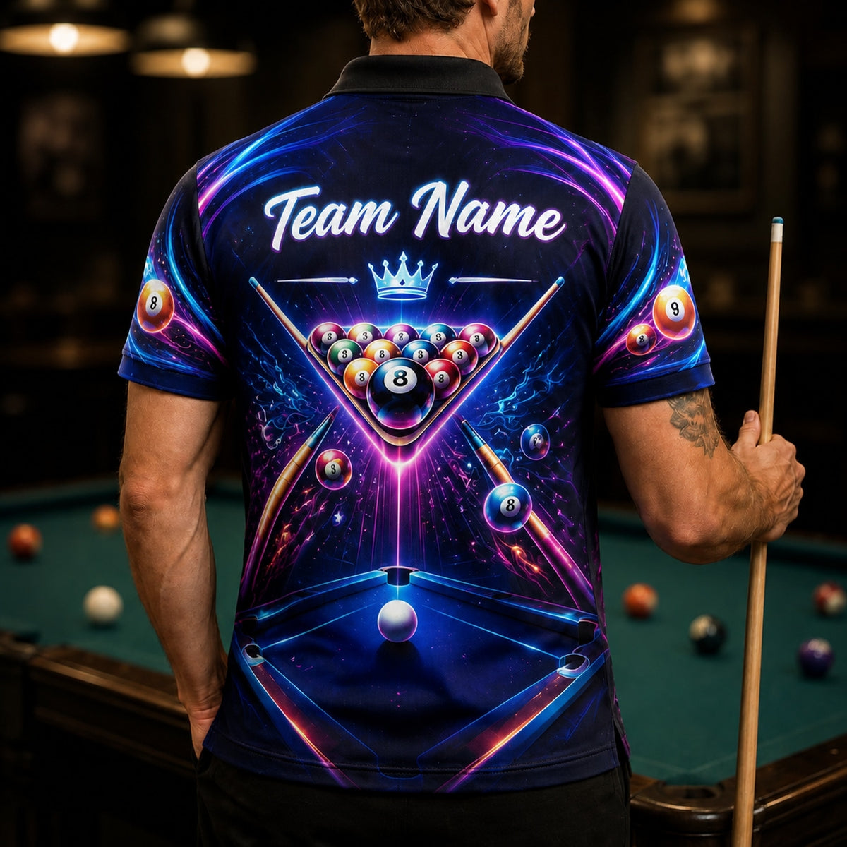 Neon Cosmic 8 Ball Graphic Custom Billiard Polo Shirt Back View