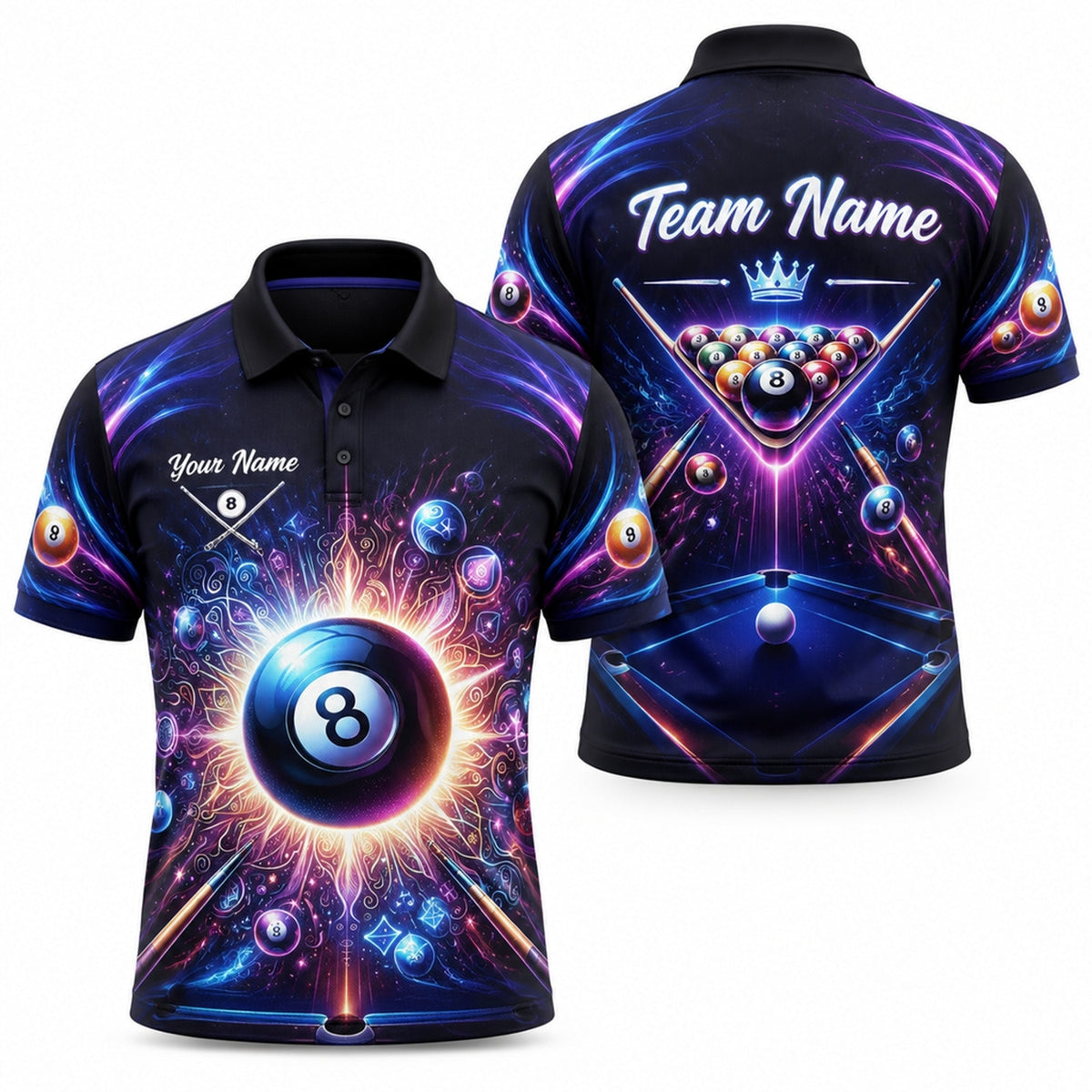 Neon Cosmic 8 Ball Graphic Custom Billiard Polo Shirt