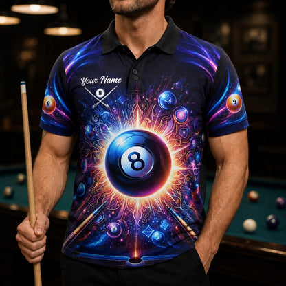 Neon Cosmic 8 Ball Graphic Custom Billiard Polo Shirt Front View
