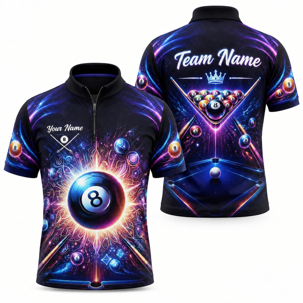 Neon Cosmic 8 Ball Graphic Custom Billiard Polo Shirt Jersey Zip 1 4 Collar