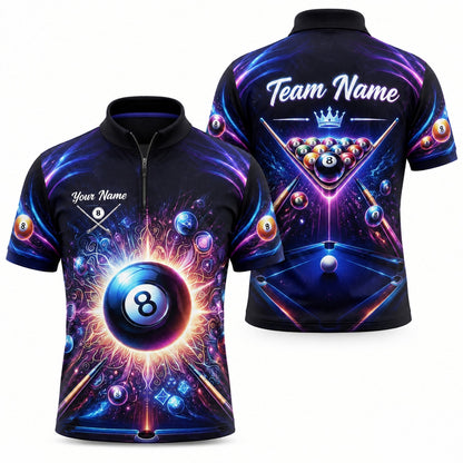 Neon Cosmic 8 Ball Graphic Custom Billiard Polo Shirt Jersey Zip 1 4 Collar