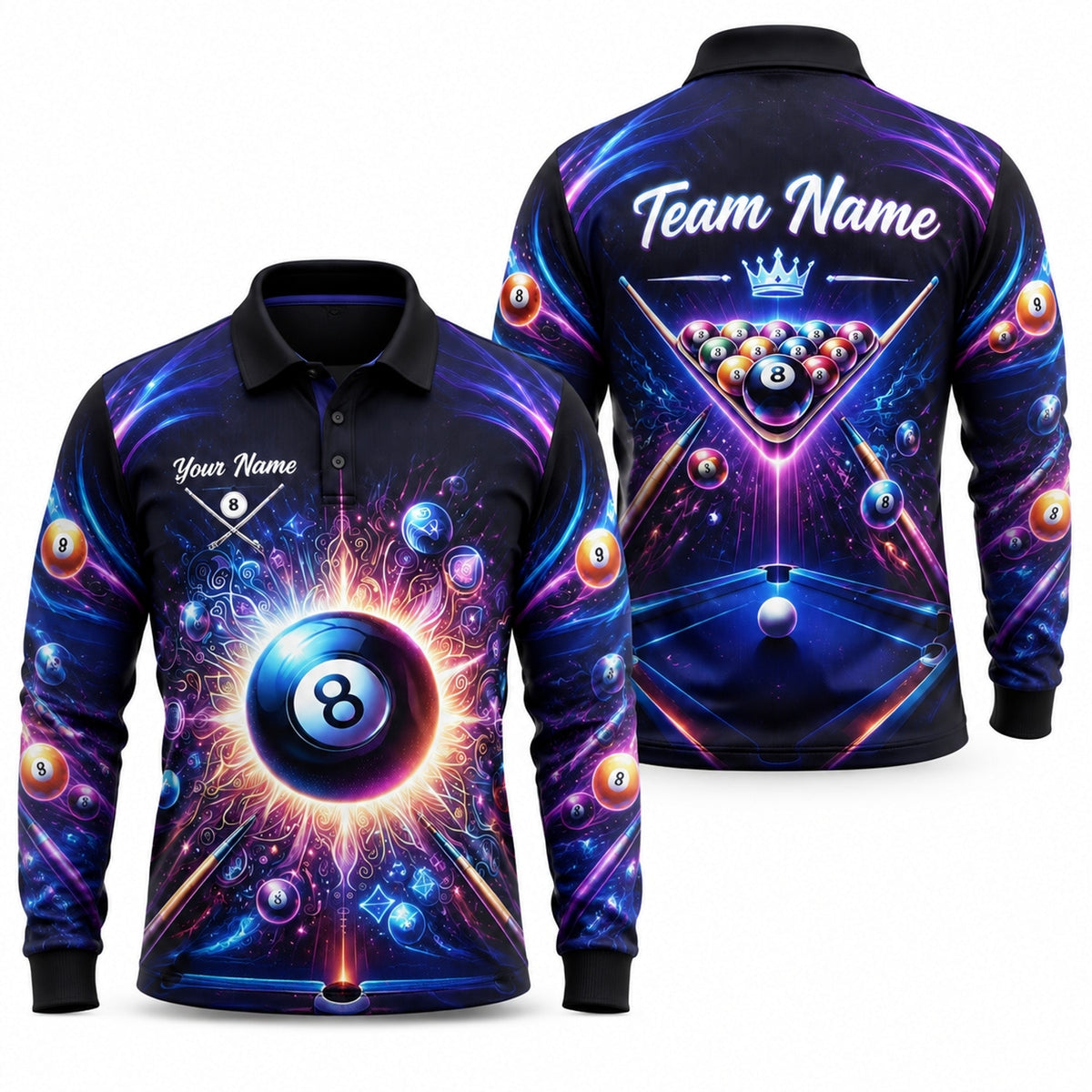 Neon Cosmic 8 Ball Graphic Custom Billiard Polo Shirt Long Sleeve Polo