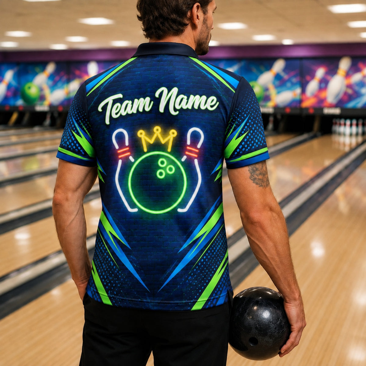 Neon Crown Bowling Ball Sport Custom Bowling Polo Shirt Back View