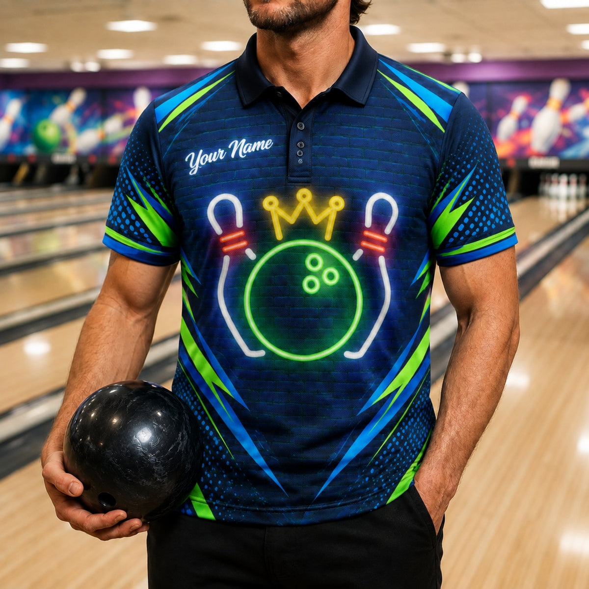 Neon Crown Bowling Ball Sport Custom Bowling Polo Shirt Front View