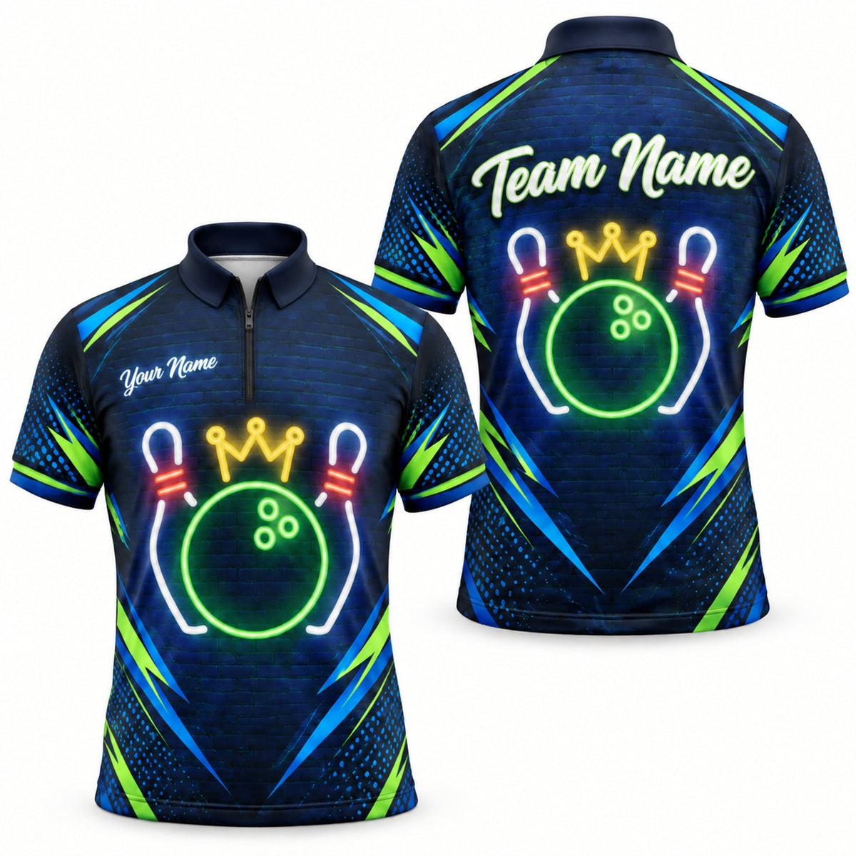 Neon Crown Bowling Ball Sport Custom Bowling Polo Shirt Jersey Zip 1 4 Collar