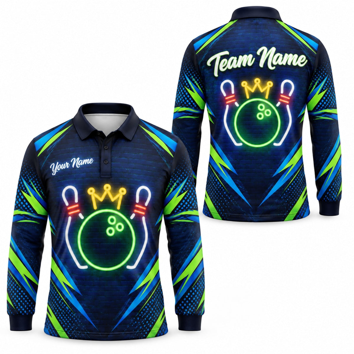 Neon Crown Bowling Ball Sport Custom Bowling Polo Shirt Long Sleeve Polo