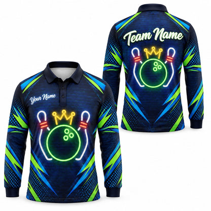 Neon Crown Bowling Ball Sport Custom Bowling Polo Shirt Long Sleeve Polo