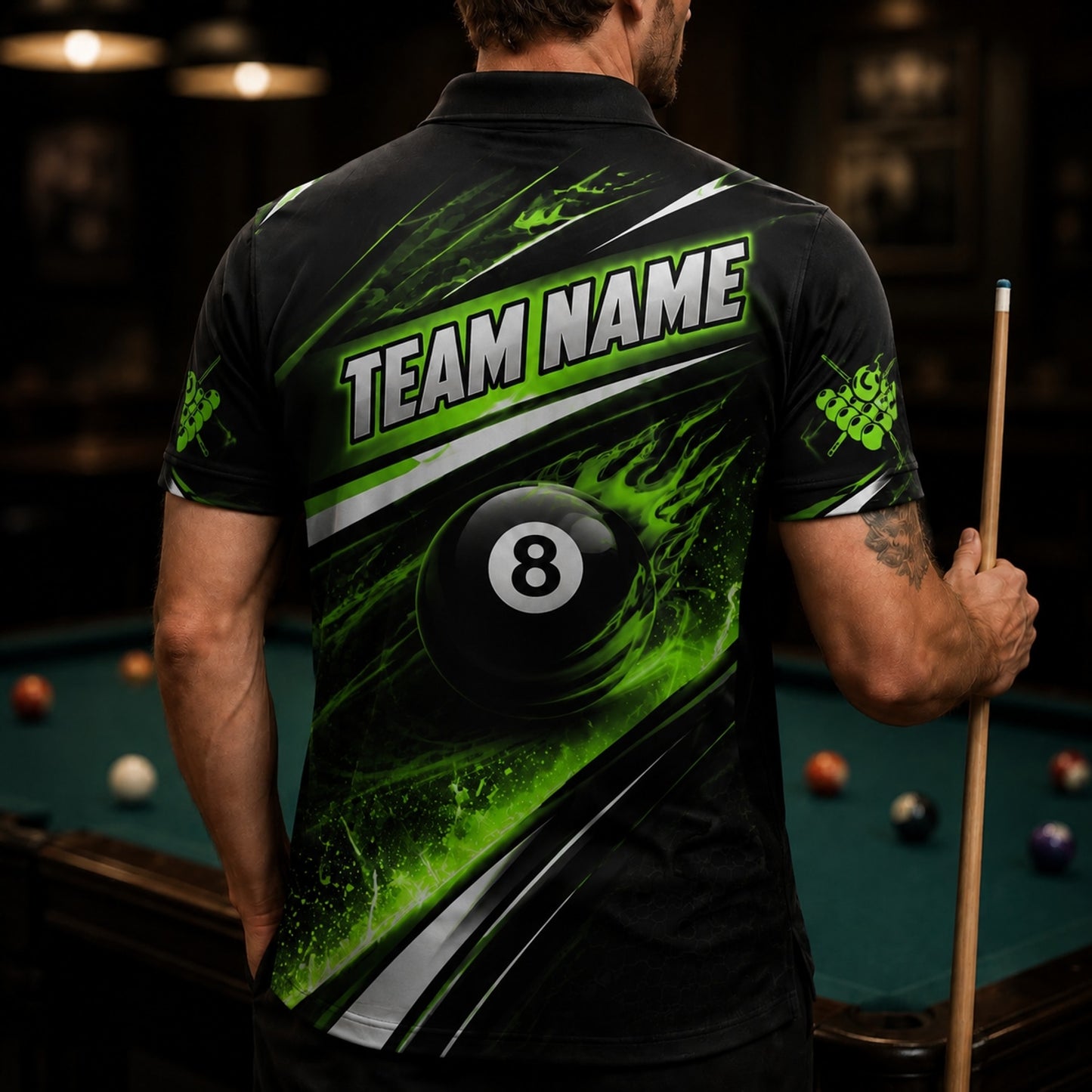 Neon Flaming 8 Ball Sport Personalized Billiard Polo Shirt Back View