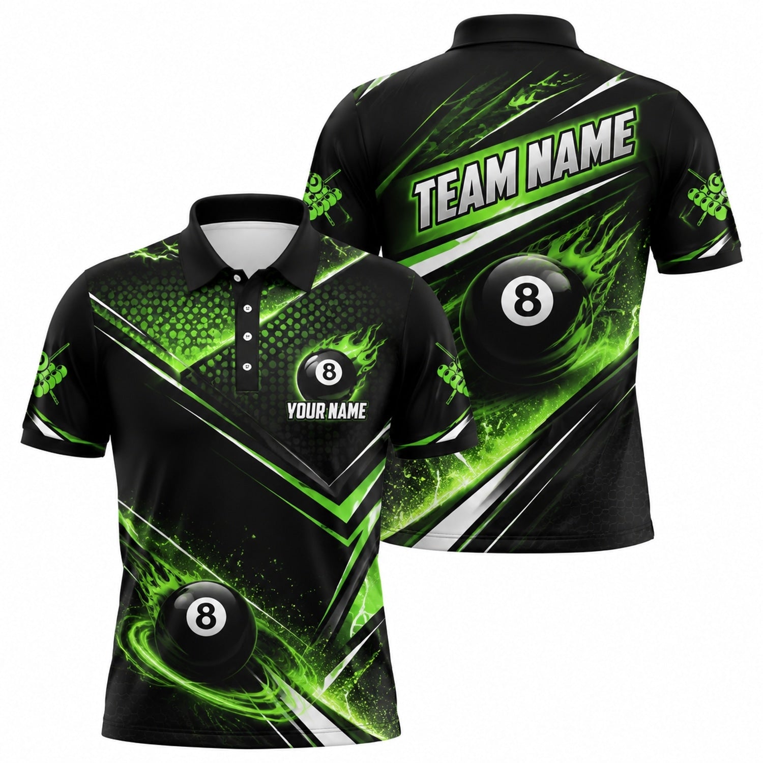Neon Flaming 8 Ball Sport Personalized Billiard Polo Shirt