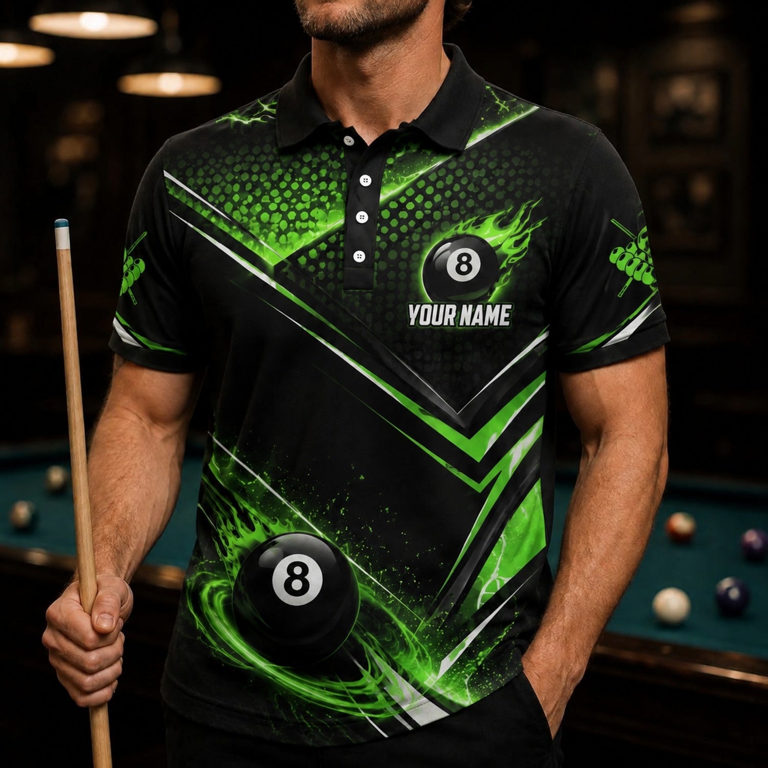 Neon Flaming 8 Ball Sport Personalized Billiard Polo Shirt Front View