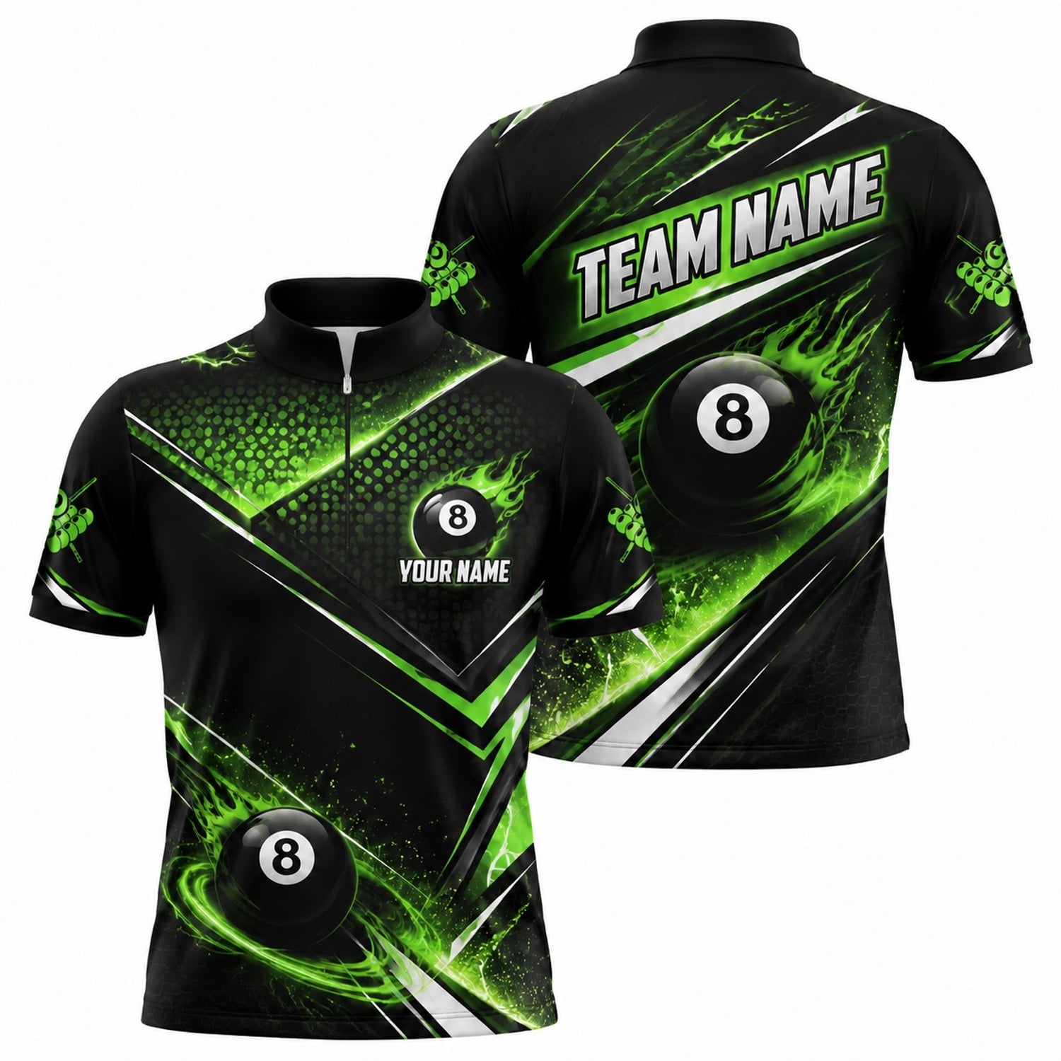 Neon Flaming 8 Ball Sport Personalized Billiard Polo Shirt Jersey Zip 1 4 Collar