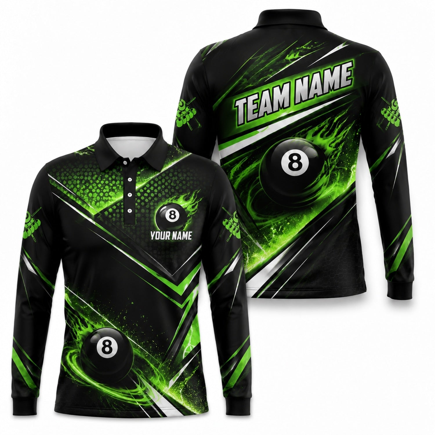 Neon Flaming 8 Ball Sport Personalized Billiard Polo Shirt Long Sleeve Polo