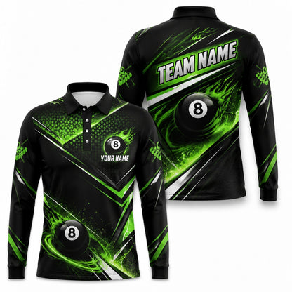 Neon Flaming 8 Ball Sport Personalized Billiard Polo Shirt Long Sleeve Polo