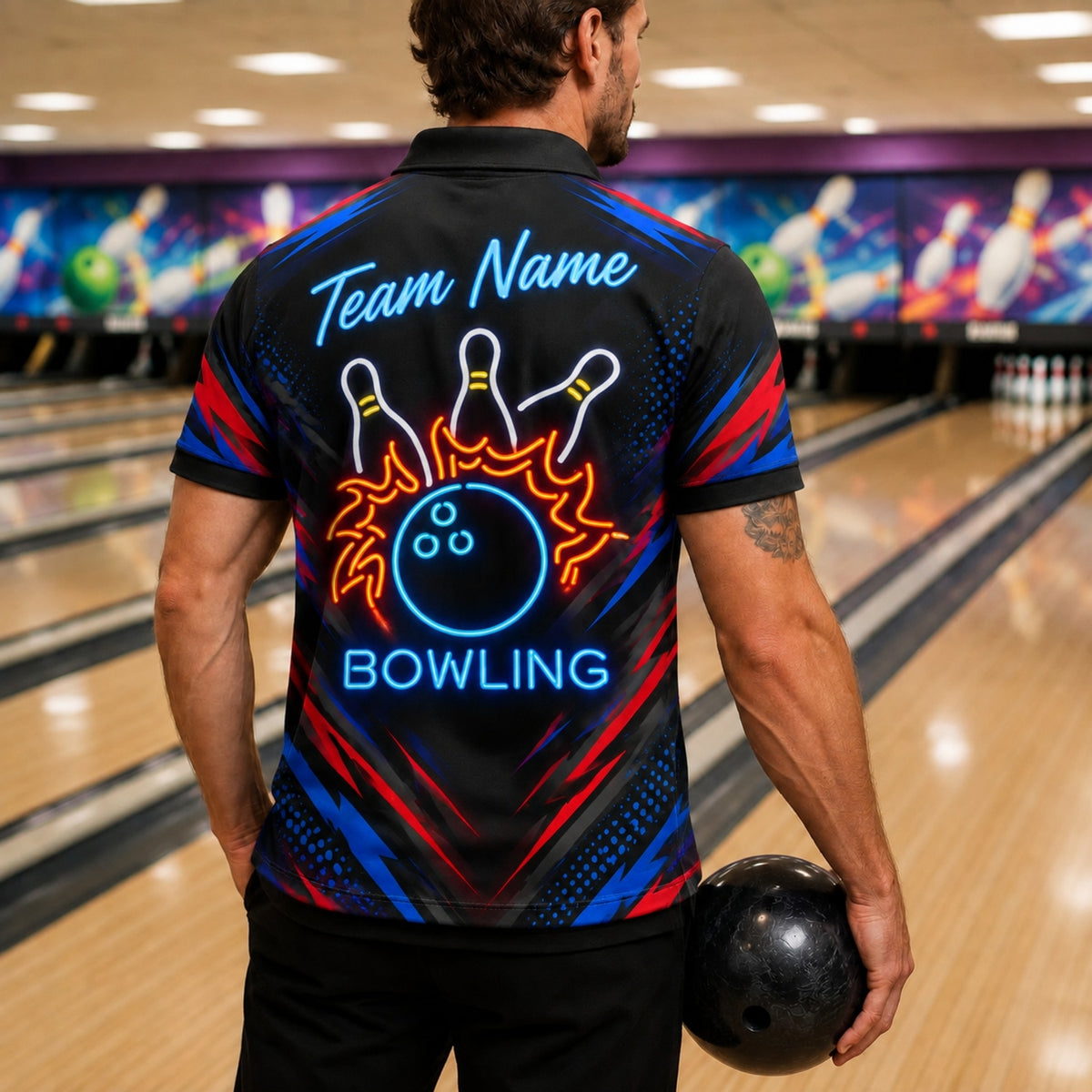 Neon Flaming Bowling Ball Sport Custom Bowling Polo Shirt Back View