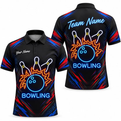 Neon Flaming Bowling Ball Sport Custom Bowling Polo Shirt